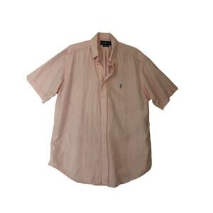 Ralph Lauren Classic For Pink Linen Button down up short Sleeve dress shirt L